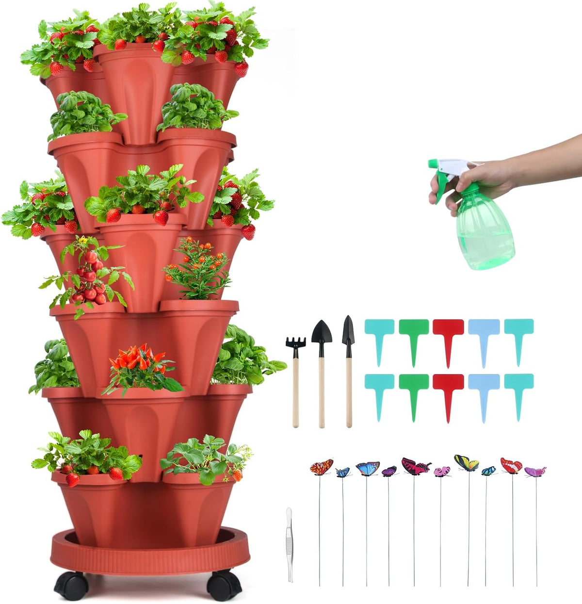 Vertical Planter, 6 Tier Stackable Strawberry Planter with Garden Tool Set, Movable Indoor/Outdoor