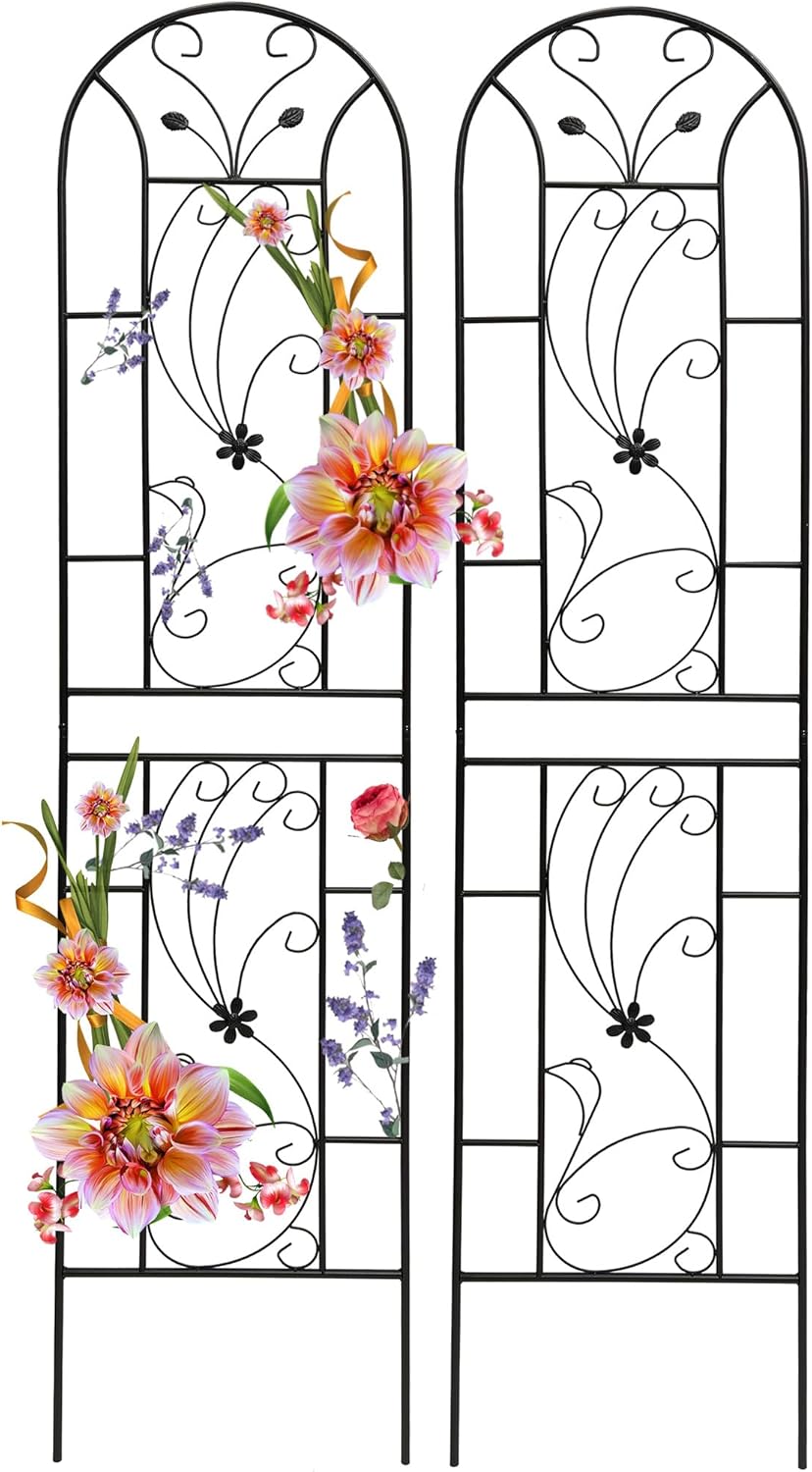 Garden Trellises, 2 Pack Black Metal Coated Rustproof Trellis for Climbing Plants Outdoor, Roses
