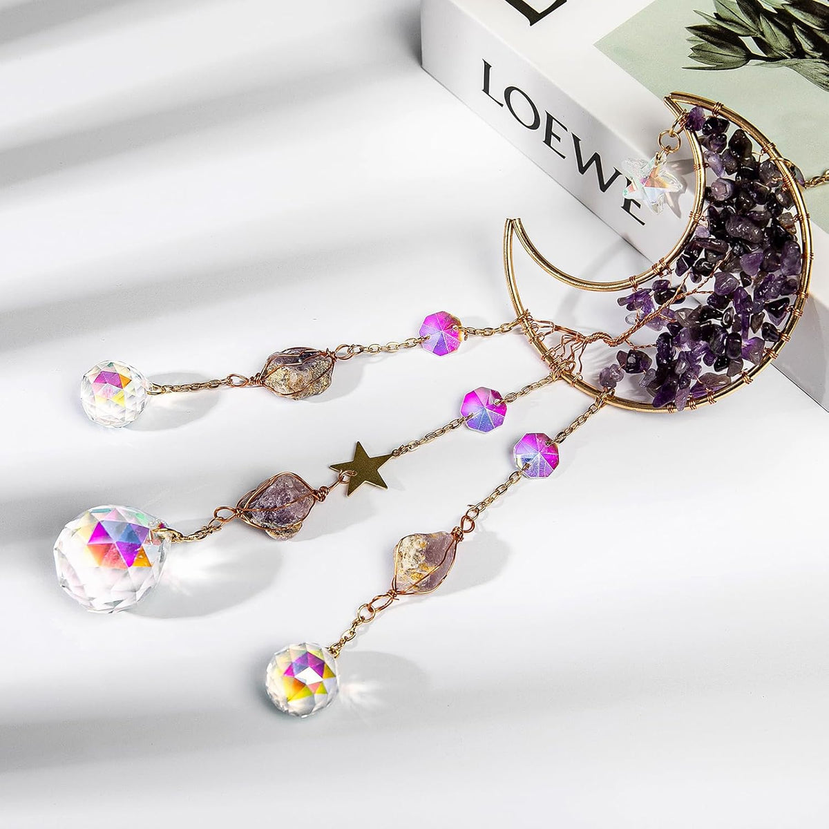 TUOKING Amethyst Crystal Moon Suncatchers for Window Hanging Tree of Life Natural Healing Stones