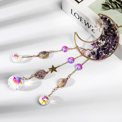 TUOKING Amethyst Crystal Moon Suncatchers for Window Hanging Tree of Life Natural Healing Stones