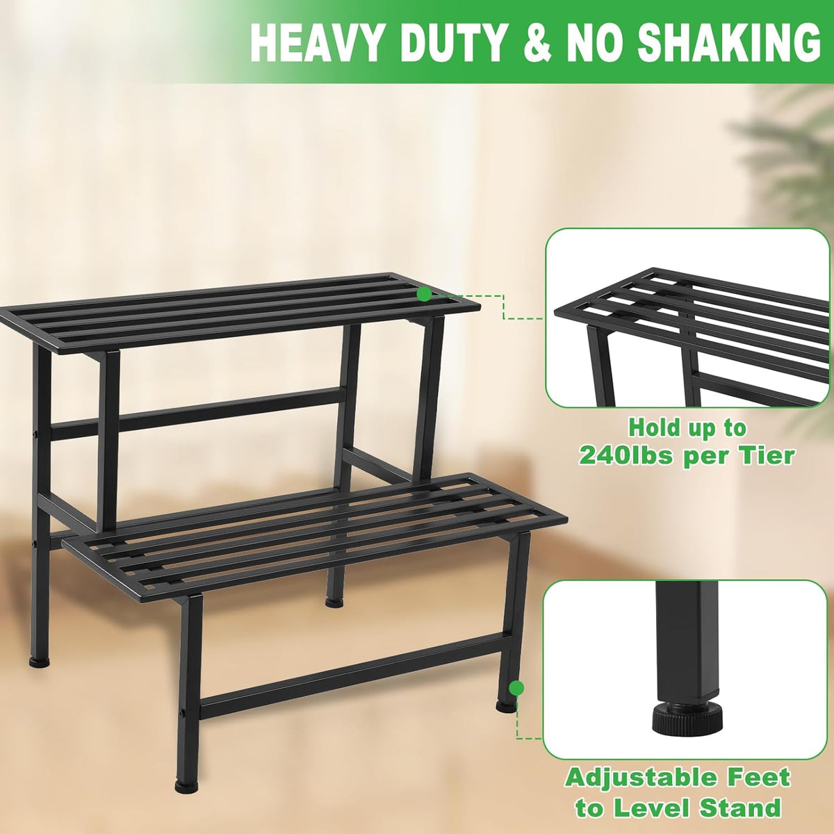 Metal Plant Stand Outdoor Plant Shelf Indoor,2 Tier Heavy Duty Ladder Plant Stands for Multiple