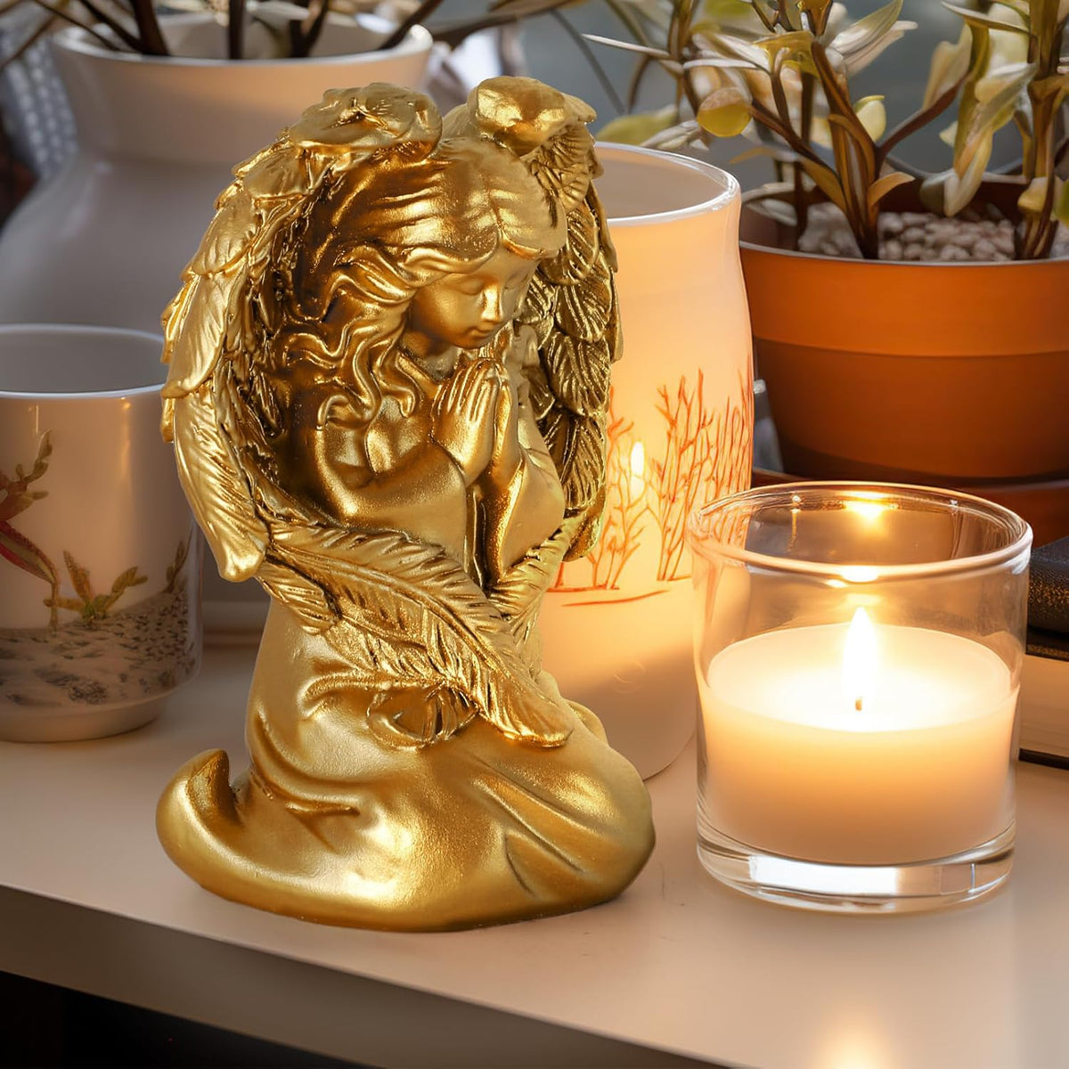 INLOMEM Praying Angel Figurine, Sculpted Hand-Painted Figurine Angel Wings Statue for Home Decor or