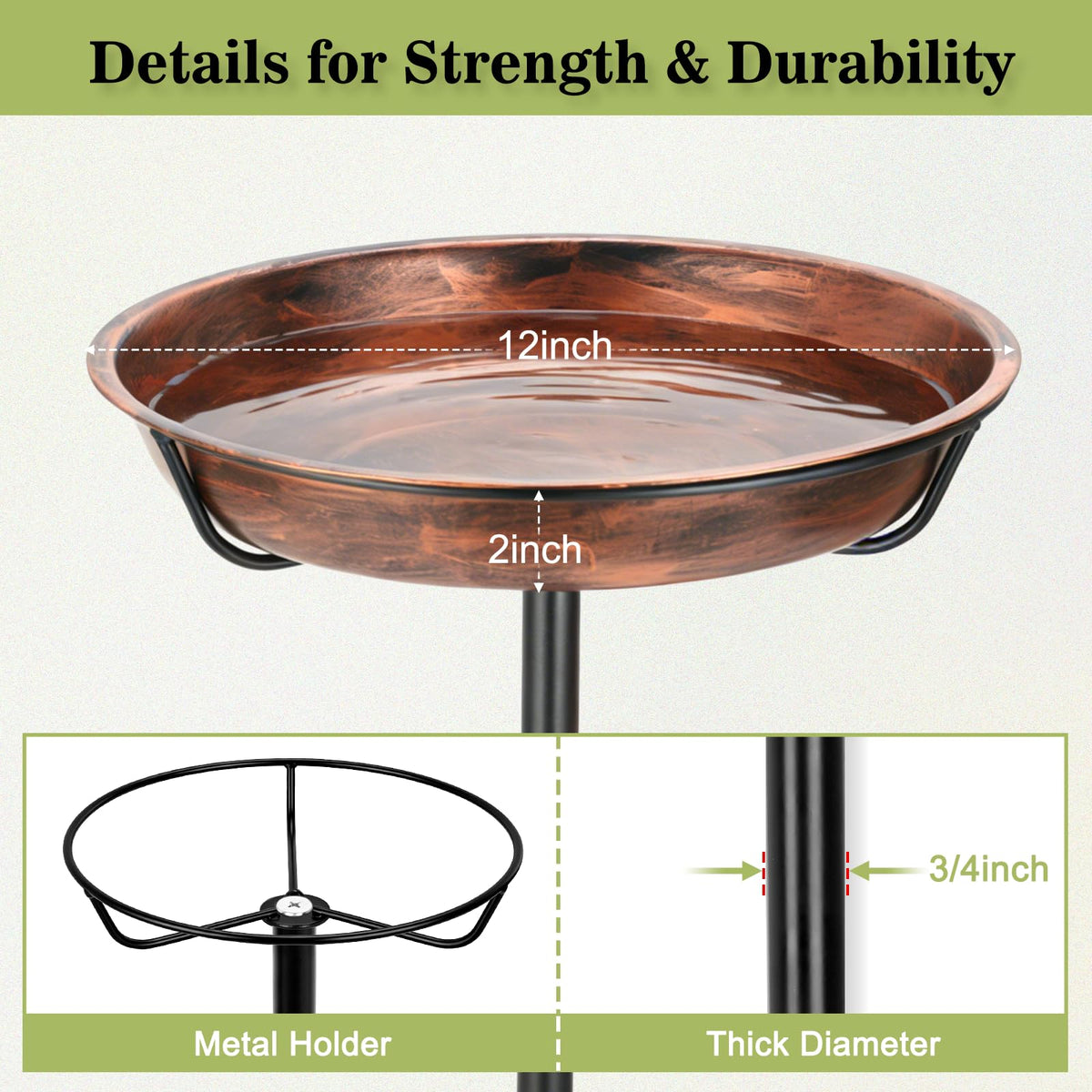 Gtongoko Metal Bird Bath for Outdoors, 34" Tall Bird Bath with 12" Removable Bowl, Heavy Duty