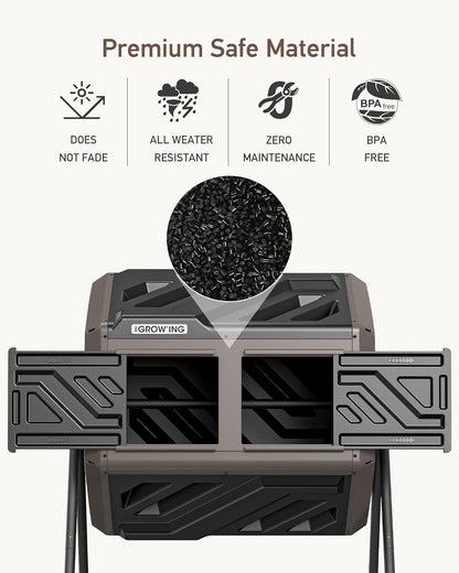 THEGROW'ING Updated 43 Gallon Compost Bin Outdoor, Fast Assemble Tumbling Composter, Dual Chamber