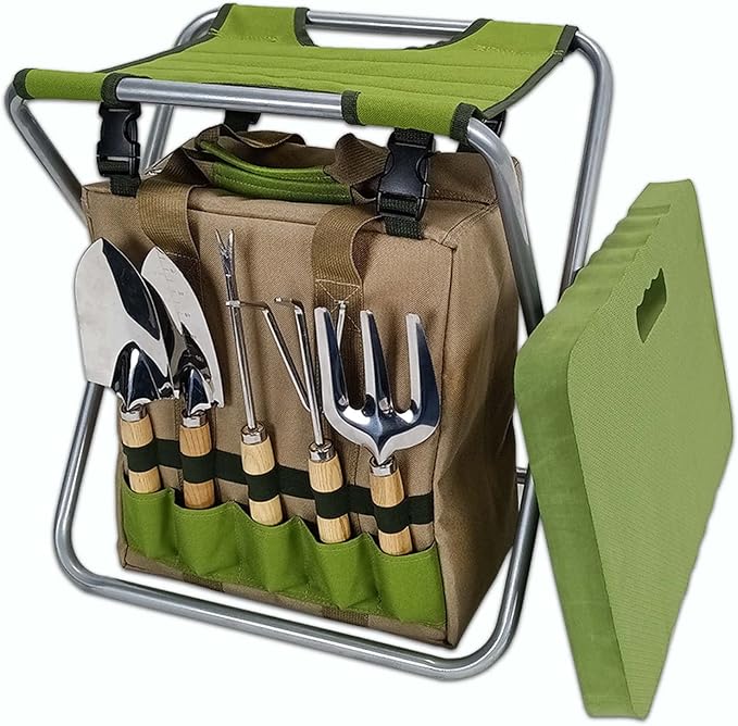 Garden Folding Gardener Stool with Gardening Tools Insulation Garden Bags Plus 5 Garden Tools and