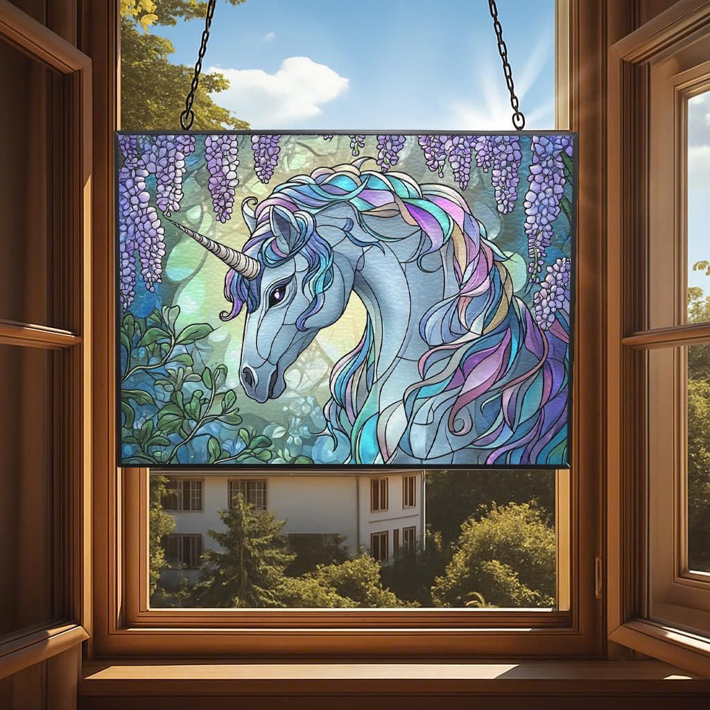 Personalized Rectangle Art Nouveau Wisteria Unicorn Stained Glass Window Hangings Stained Glass