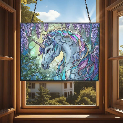 Personalized Rectangle Art Nouveau Wisteria Unicorn Stained Glass Window Hangings Stained Glass