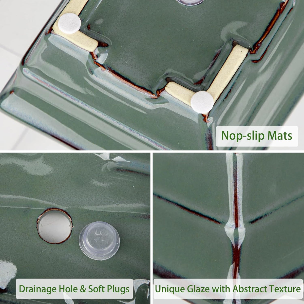 Ceramic Bonsai Pots with Drainage Trays Set of 2, Green Glazed Bonsai Planters for Indoor/Outdoor