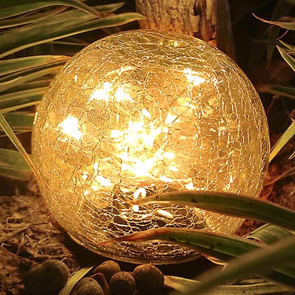 TOMEX 4 Pack Solar Garden Lights, Cracked Glass Ball Waterproof Warm White LED for Outdoor Decor