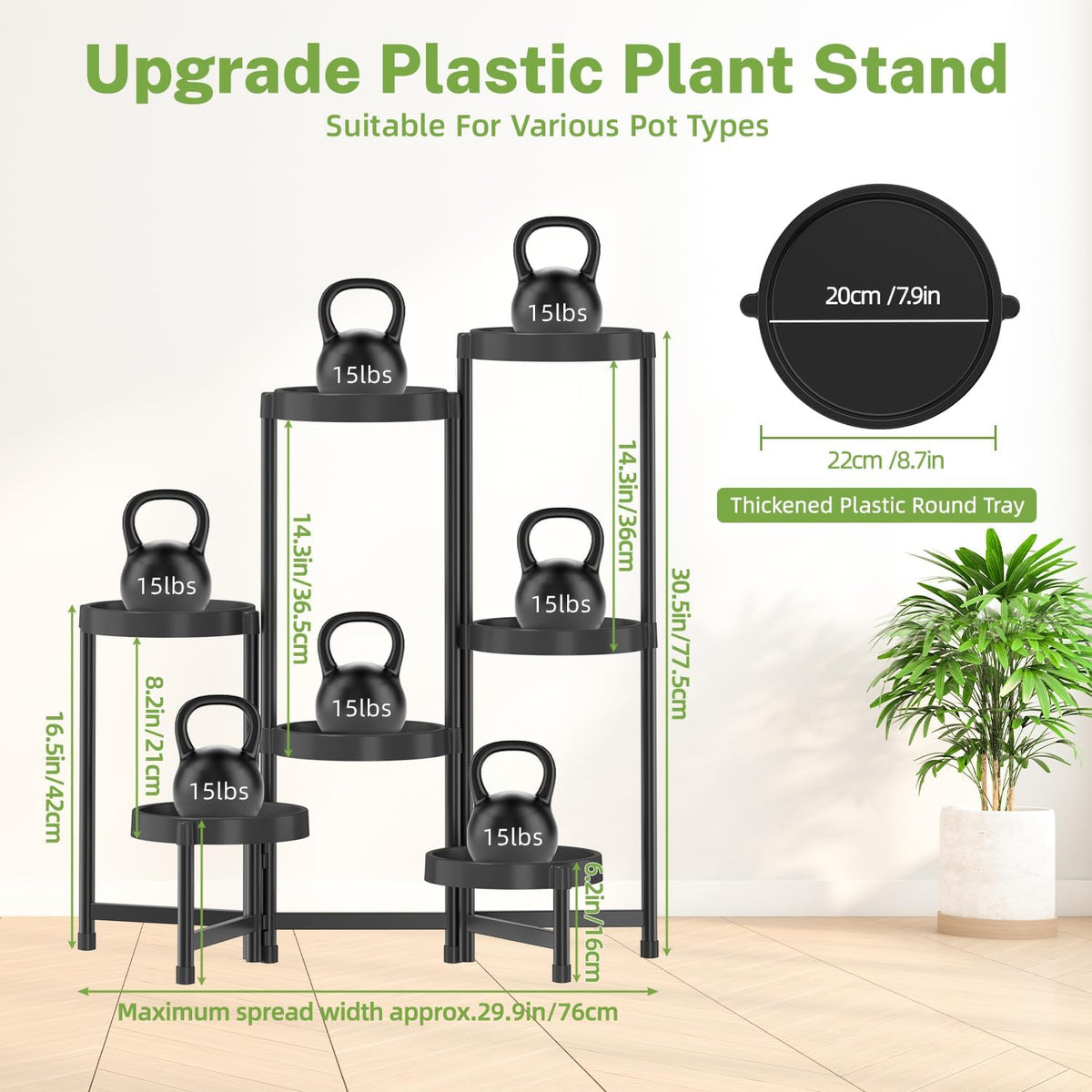 iDavosic.ly 7 Tier Folding Plant Stand Indoor Outdoor with Plastic Tray, Tiered Corner Flower