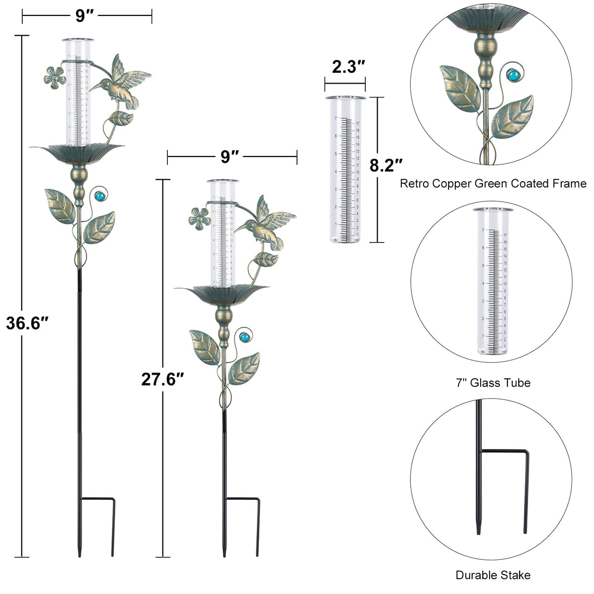 Rain Gauge Outdoor Decorative Hummingbird 7" Metal Rain Gauges Glass Tube | for Yard