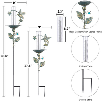Rain Gauge Outdoor Decorative Hummingbird 7" Metal Rain Gauges Glass Tube | for Yard