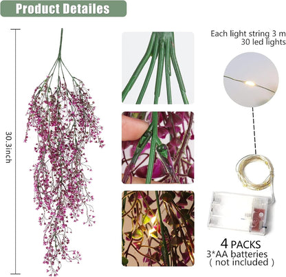 RECUTMS 4Pcs Fake Ferns Artificial Hanging Plants with 30 LED Lights Ivy Flowers Large Faux Hanging
