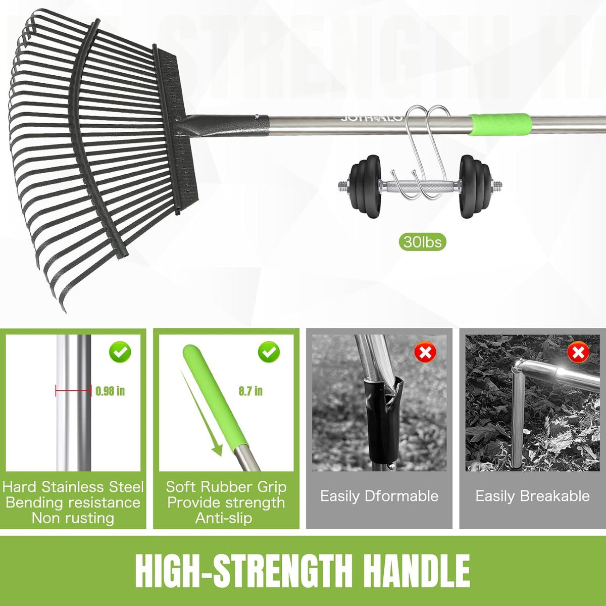 Joyhalo Rake for Leaves Adjustable 65 Inch Long, 18 Inch Wide Garden Rake with 25 Tines, Metal Leaf