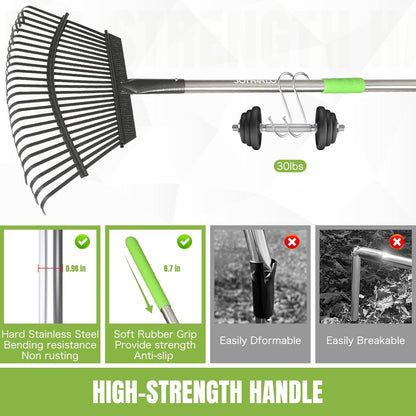 Joyhalo Rake for Leaves Adjustable 65 Inch Long, 18 Inch Wide Garden Rake with 25 Tines, Metal Leaf