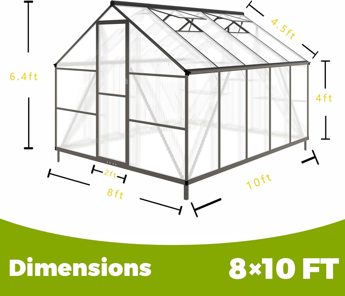 8x10 FT Greenhouses for Outdoors, Polycarbonate Greenhouse with PC Panels, Greenhouses for Outdoors