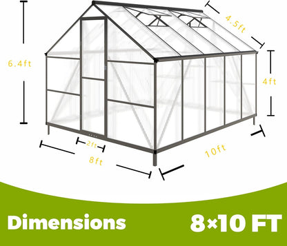 8x10 FT Greenhouses for Outdoors, Polycarbonate Greenhouse with PC Panels, Greenhouses for Outdoors
