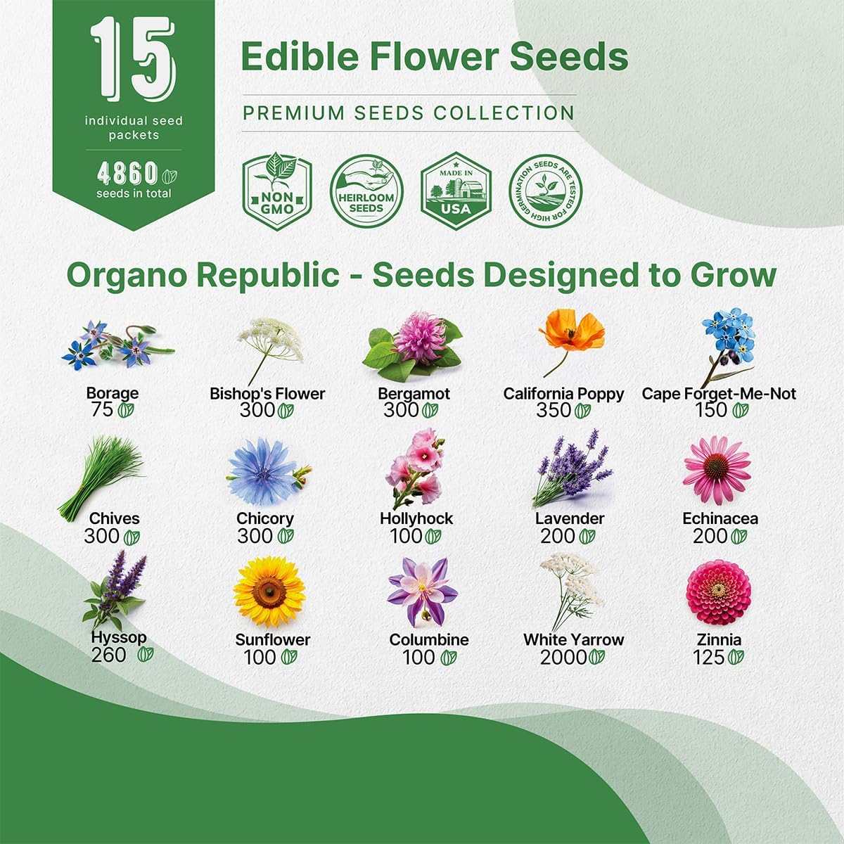 Organo Republic 15 Edible Flower Seeds Variety Pack- Indoor/Outdoor. 4800+ Non-GMO Heirloom Flower:
