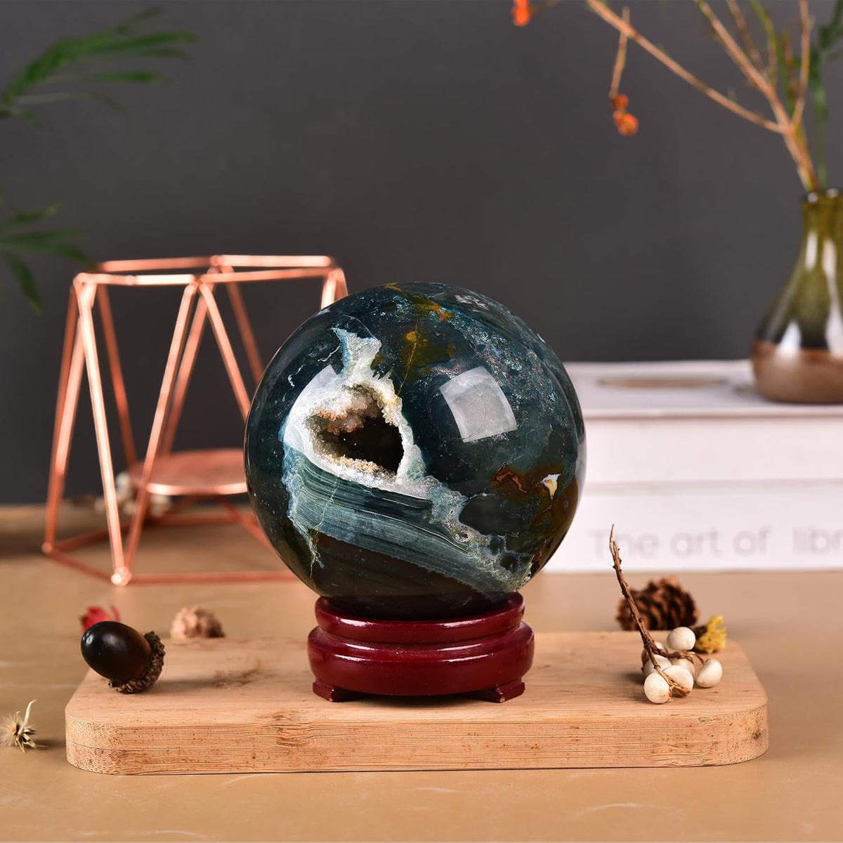 JIC Gem Large Healing Crystal Sphere with Stand Ocean Jasper Crystal Gemstone Decorative Ball for