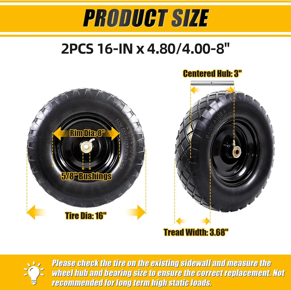 MZREXN 4.80/4.00-8" Flat Free Tire and Wheel, 16" Universal Solid Wheelbarrow Tires, with 5/8" &