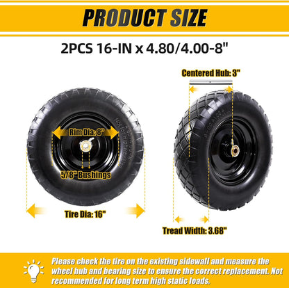 MZREXN 4.80/4.00-8" Flat Free Tire and Wheel, 16" Universal Solid Wheelbarrow Tires, with 5/8" &