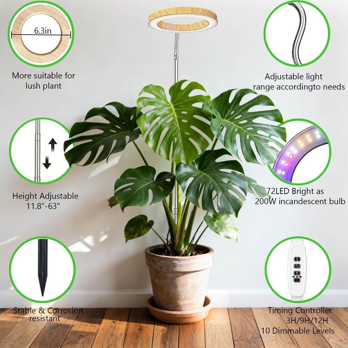 Grow Light for Indoor Plants, 6.3" Full Spectrum LED Plant Grow Light, 11.8-63in Height Adjustable