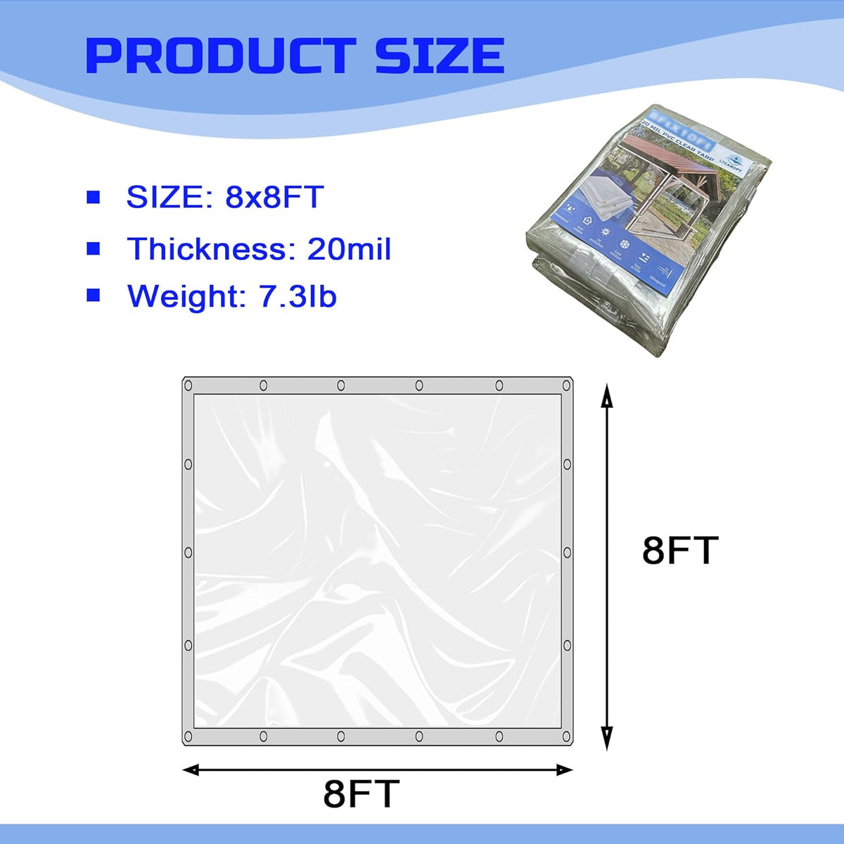 Clear Tarp 8 x8FT, 20 Mil Clear Vinyl Tarp, Small Cover Plastic Sheeting with Grommets