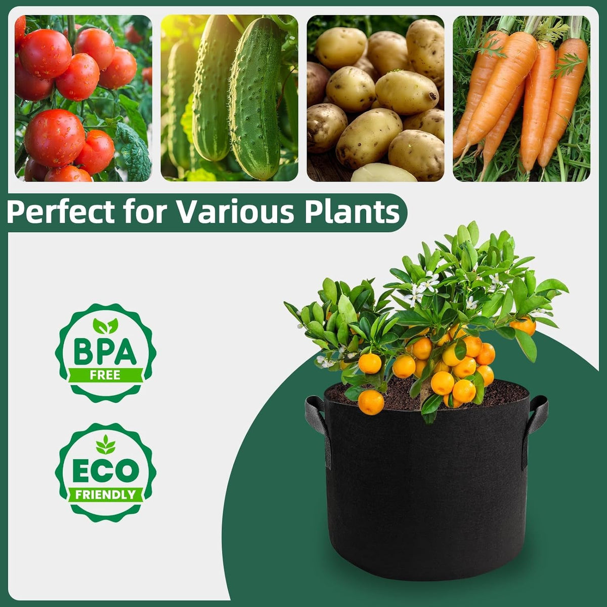 5 Pack 3 Gallon Fabric Grow Bags, Heavy Duty 300G Thickened Aeration Nonwoven Fabric Garden Pots