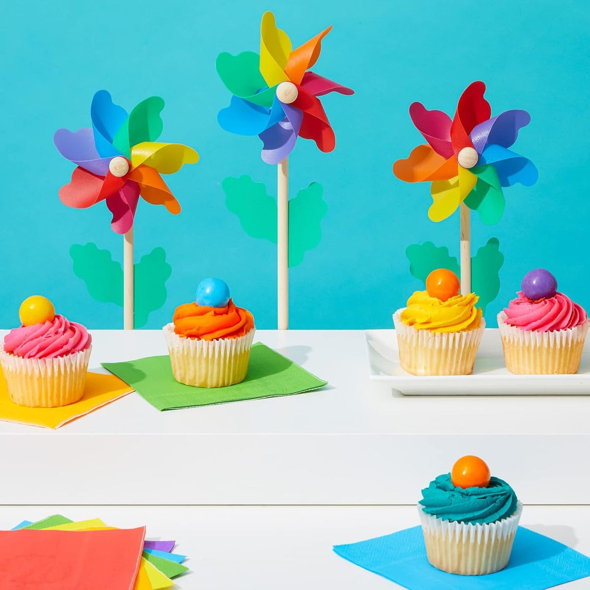 Blue Panda 12-Pack Rainbow Flower Pinwheels for Yard and Garden - Wind Spinners and Outdoor Party