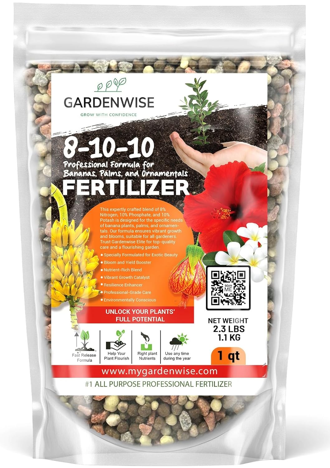 Elite 8-10-10 Professional Fertilizer for Banana, Flowering, and Fruit Trees, Ornamentals - Boosts