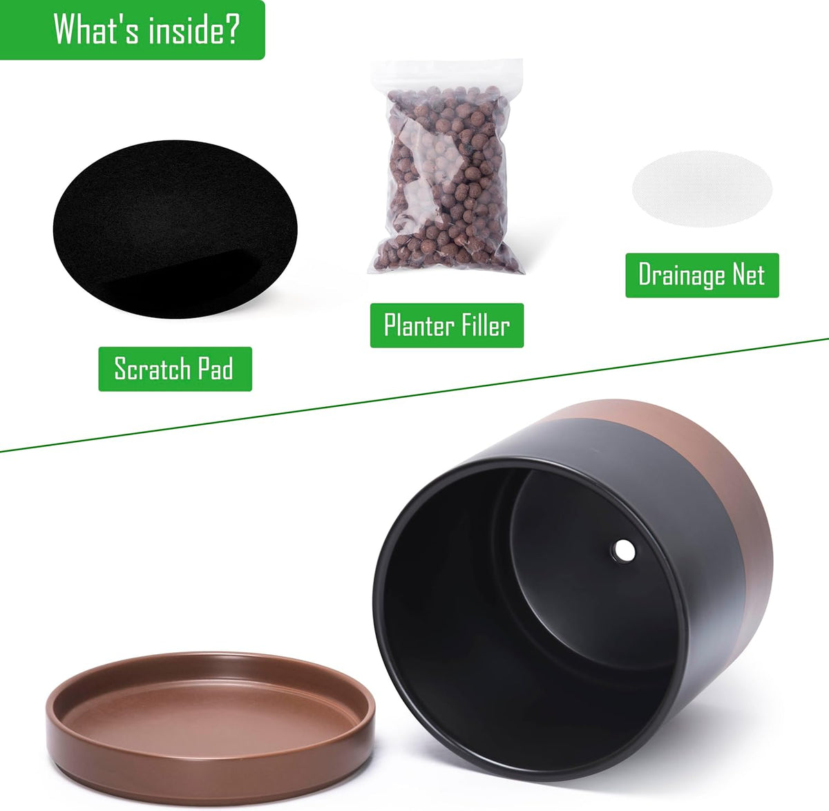 D'vine Dev 10 Inch, Ceramic Planter Pot with Drainage Hole and Saucer, Indoor Cylinder Round