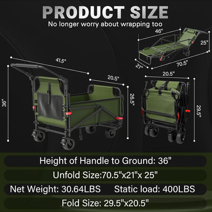 LEVELEVE Heavy Duty Folding Wagon - 2-in-1 Collapsible Cart, 400lb Capacity, All-Terrain Wheels