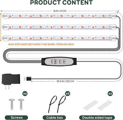 Tri-Bars Grow Light Strips for Indoor Plants with Auto ON/Off Timer 6/12/18H, 5 Dimmable Levels for