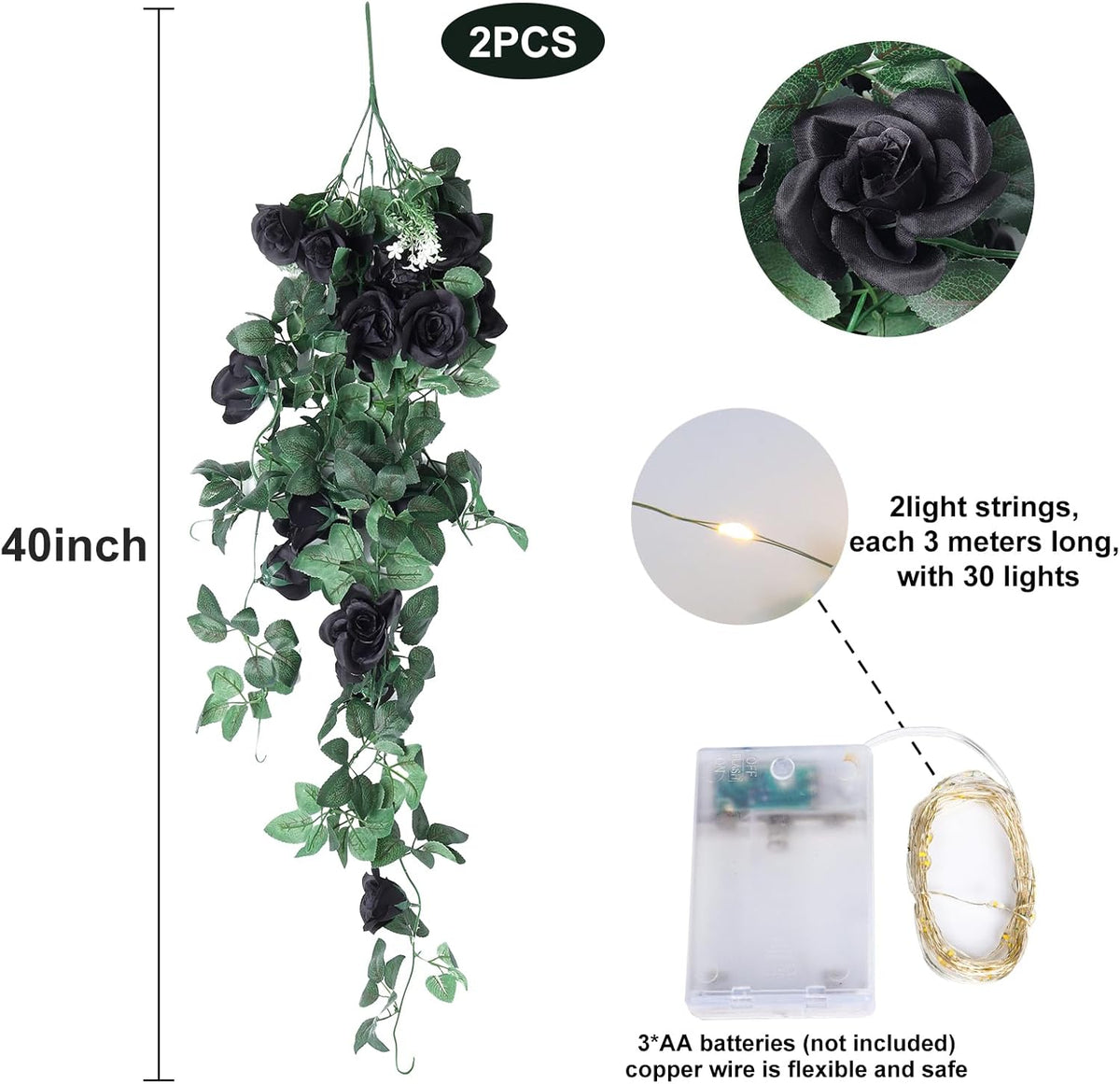 RECUTMS Hanging Flowers Black Artificial Rose Flower 2PCS 3.3Ft for Outdoors with 30 LED Fairy