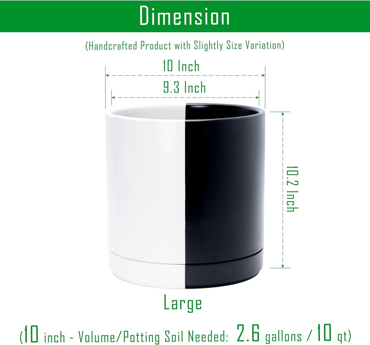 D'vine Dev 10 Inch Ceramic Planter Pot with Drainage Hole and Saucer, Indoor Cylinder Round Planter