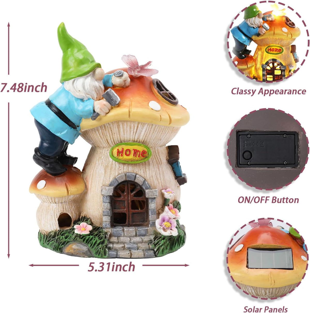 Garden Gnome Statue - Solar Powered Gnome Lights Decoration Outdoor Figurines for Yard with Gnome