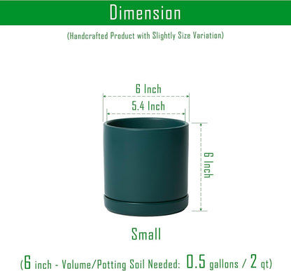 D'vine Dev 6 Inch Ceramic Planter Pot with Drainage Hole and Saucer, Indoor Cylinder Round Planter