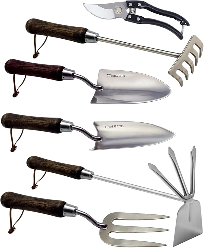 Garden Tool Set, 6PCS Heavy Duty Stainless Steel Gardening Hand Tools with Ropes, Includes Trowel