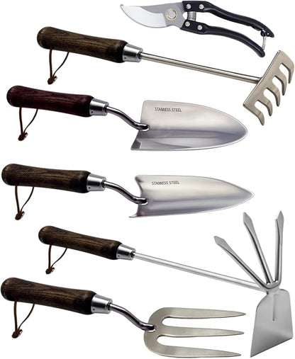 Garden Tool Set, 6PCS Heavy Duty Stainless Steel Gardening Hand Tools with Ropes, Includes Trowel