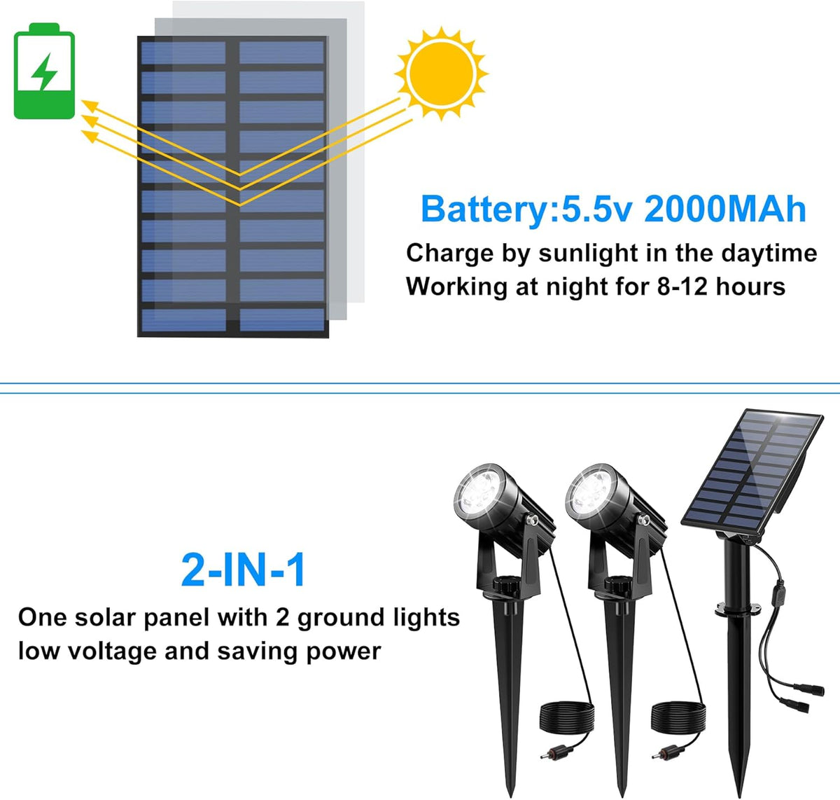 Solar Spot Lights Outdoor, 2-in-1 Solar Landscape Spotlights IP65 Waterproof 9.8ft Cable,Auto
