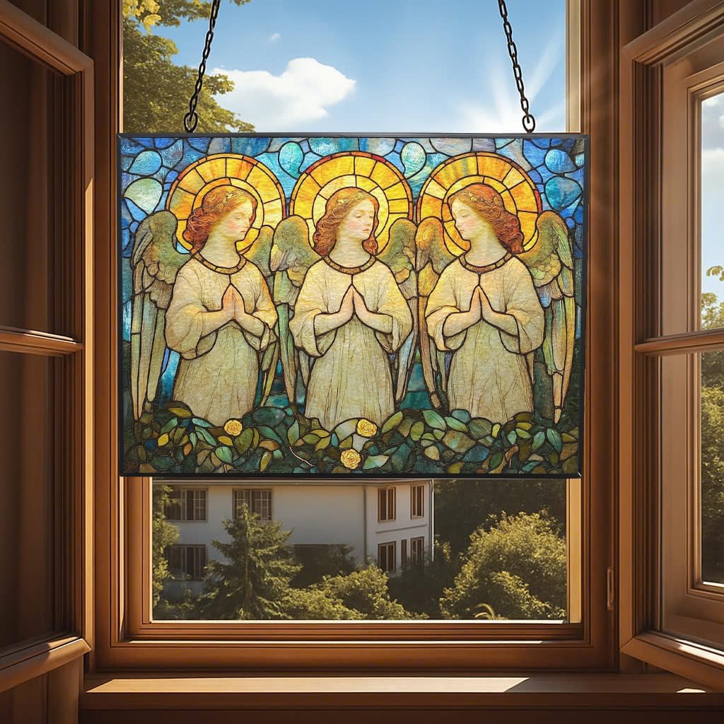 Rectangle Art Nouveau Angel Choir Suncatcher Stained Glass Window Hanging Handmade Stained Glass