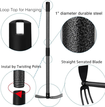 Hoe and Cultivator Gardening Hand Tools, Heavy Duty Stainless Steel Garden Hoe and 3 Fork Hand