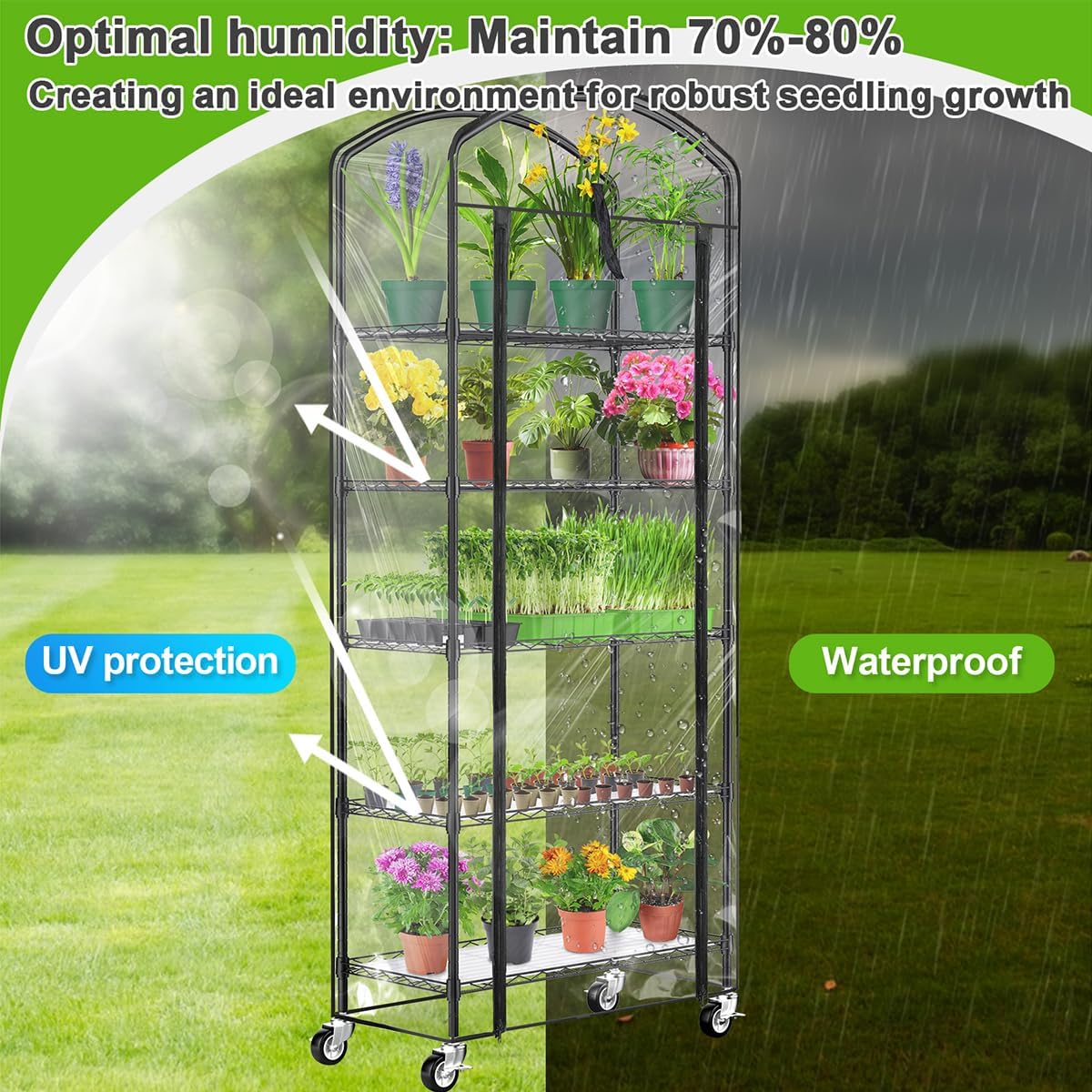 Abimars 5-Tier Greenhouse with Caster Wheel, Each Shelf Height Adjustable Metal Plant Shelf with