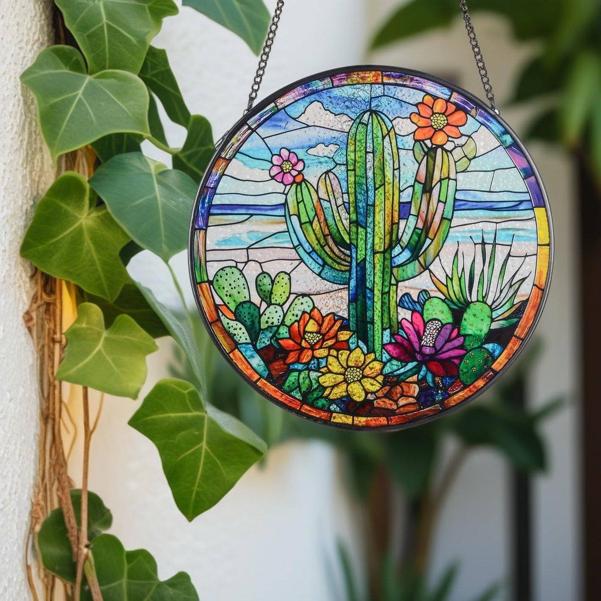 Cactus Suncatcher Decor, Cactus Stained Glass Window Art Beach Decor Sea Glass Hanging - 7.9"
