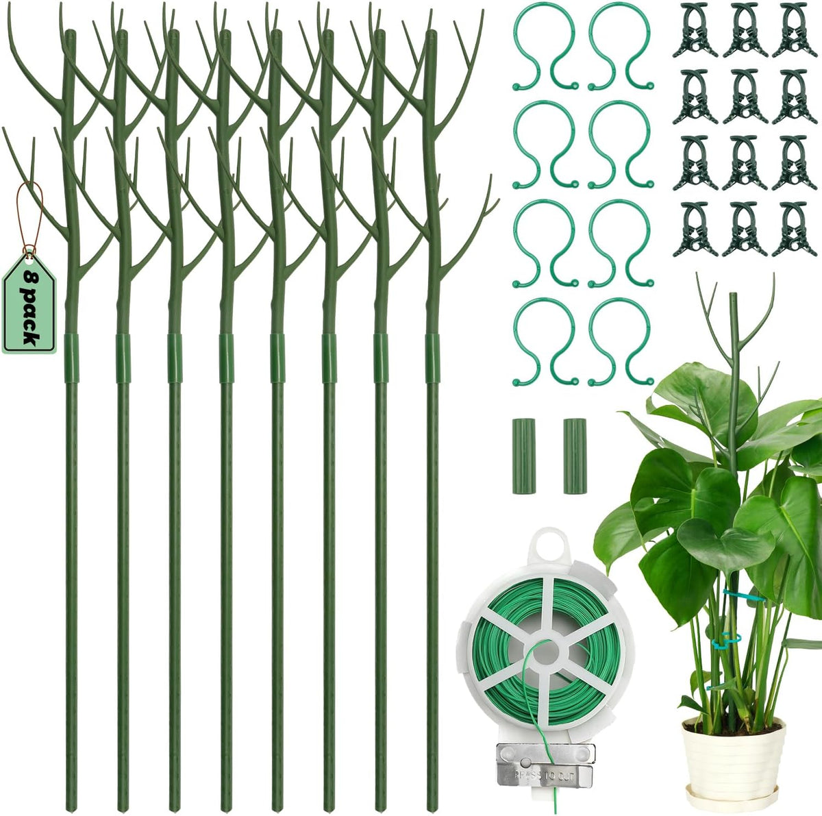 8 Pack Monstera Plant Support Stakes, 27.5inch Detachable Twig Plant Support Stakes with 12 Orchid