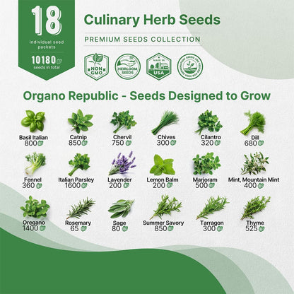 Organo Republic 18 Culinary Herbs Seeds Variety Pack - 10,180+ Heirloom, Non-GMO, Herbs Seeds for