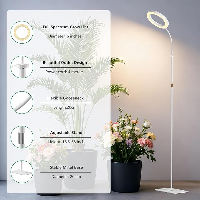 Full Spectrum Grow Light with Stand for Indoor Plants, Floor Plant Light, 6/12/18H Timer, 3 Color