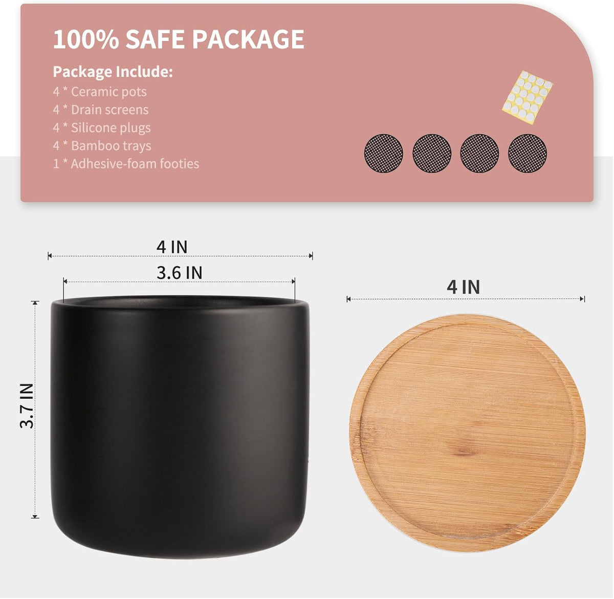 OMAYKEY 4 Inch Ceramic Plant Pot with Saucer, Black Planters Pots with Drainage Hole and Mesh Pads
