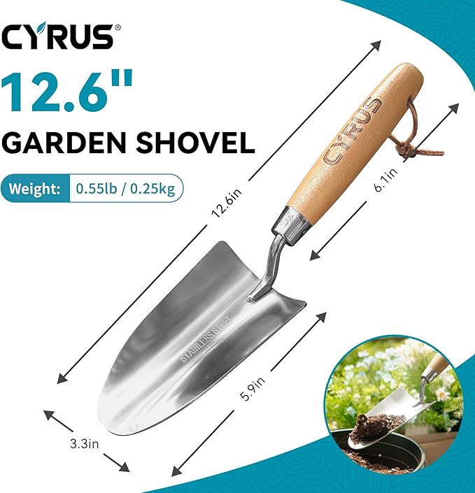 CYRUS 12.6”Garden Trowel,Heavy Duty Large Size Stainless Steel Garden Shovel with Ash Wood