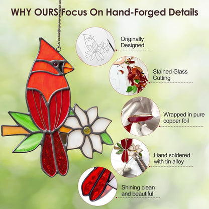 2-Pack Handmade Cardinal Stained Glass Window Hanging Suncatchers – Memorial Gifts for Women, Bird